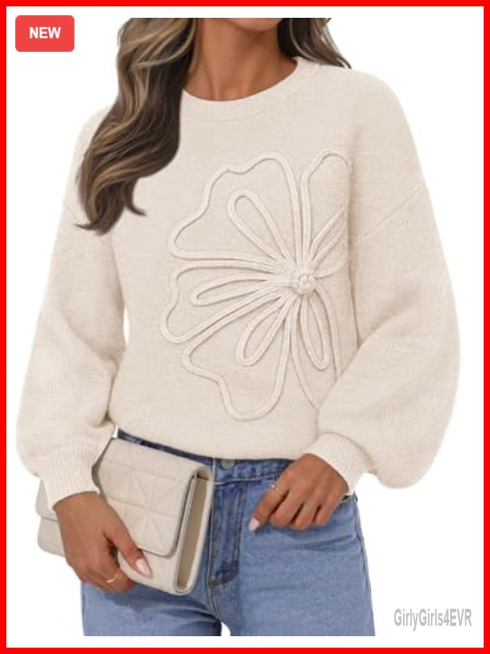 Womens Oversized Floral Knit Sweater Lantern Sleeve Pullover